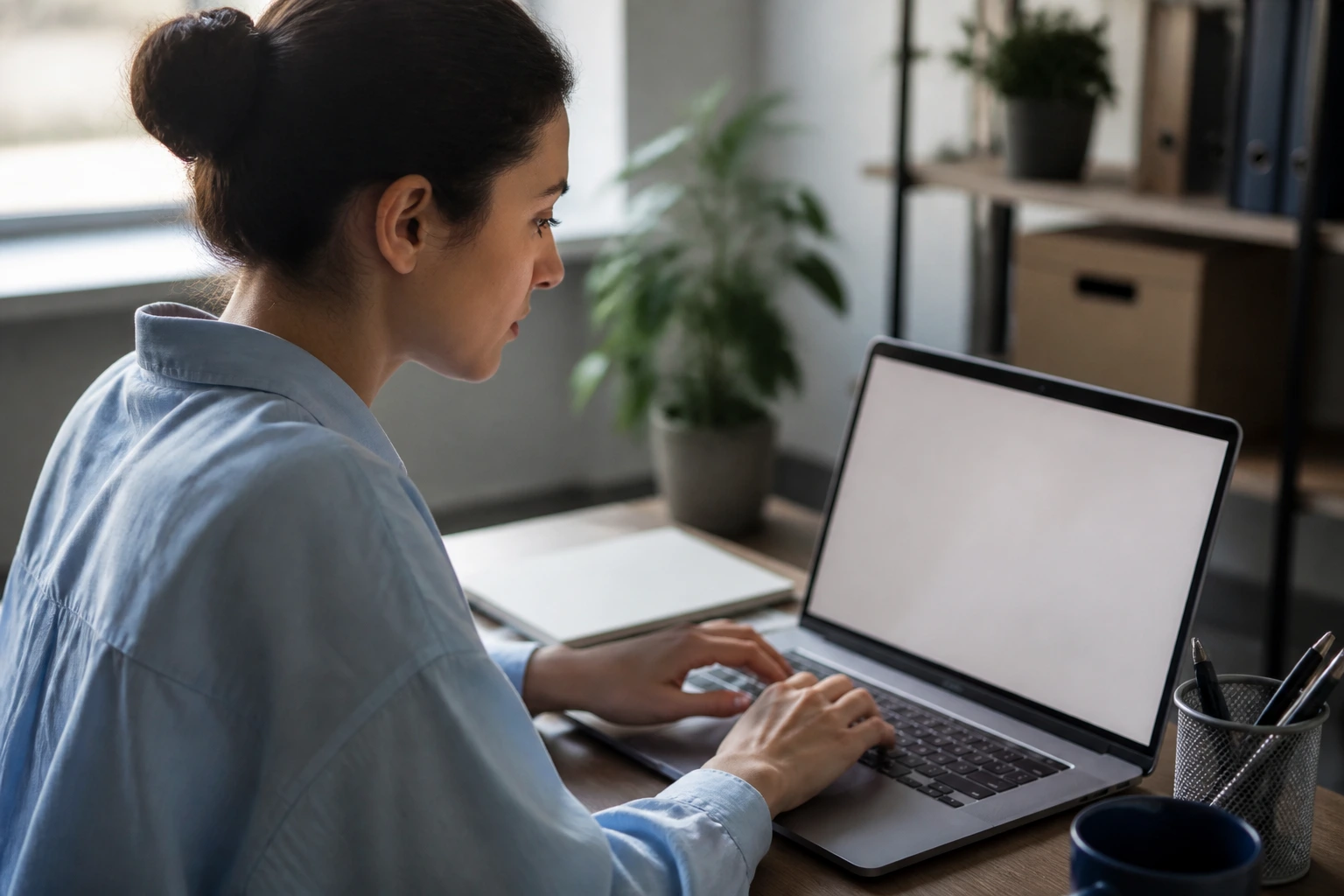 Person typing on laptop with a blank document on screen, focused in a quiet office