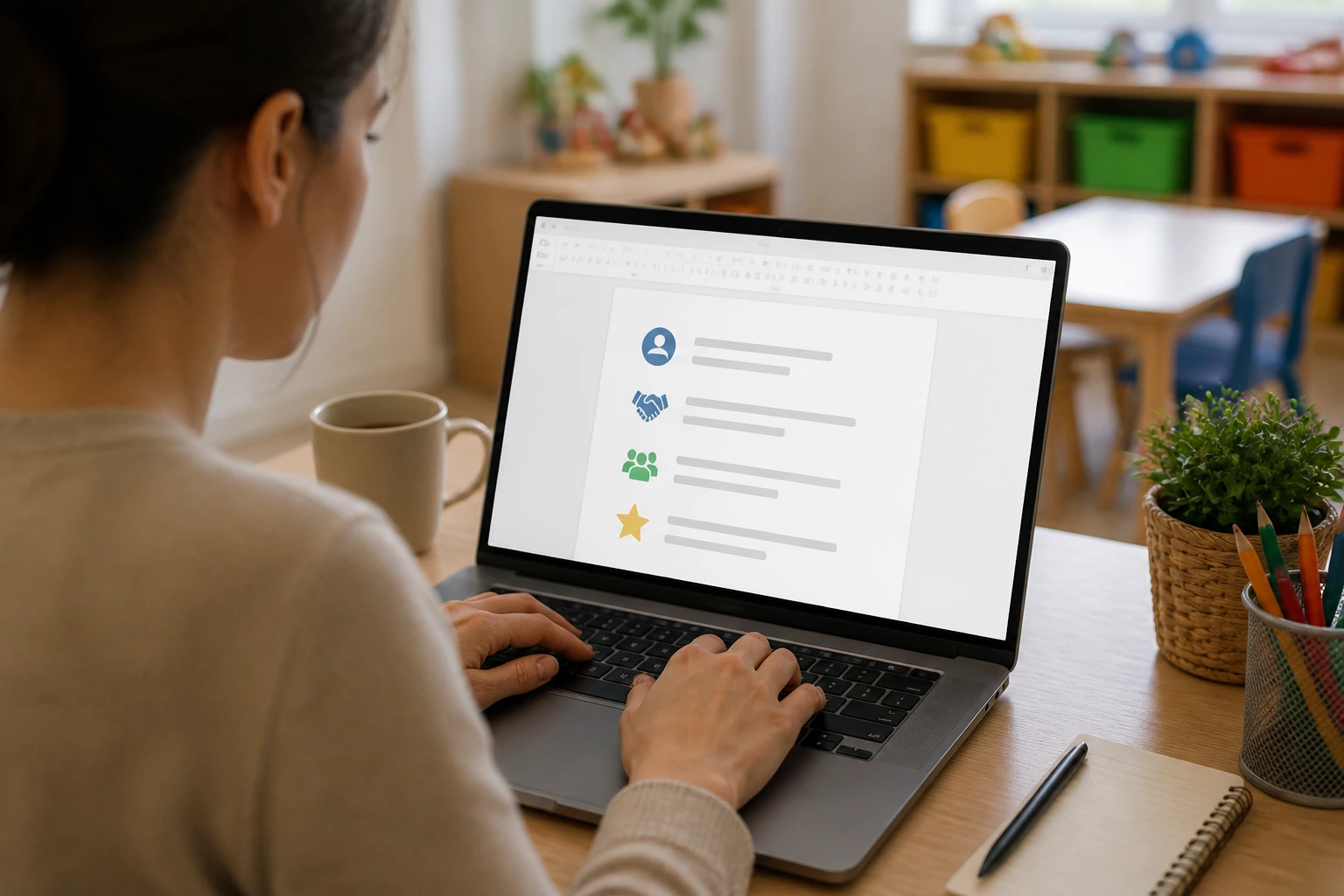 Real person typing on laptop with a text-free document placeholder