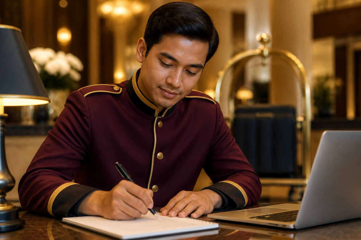 Person writing a cover letter in a hotel lobby