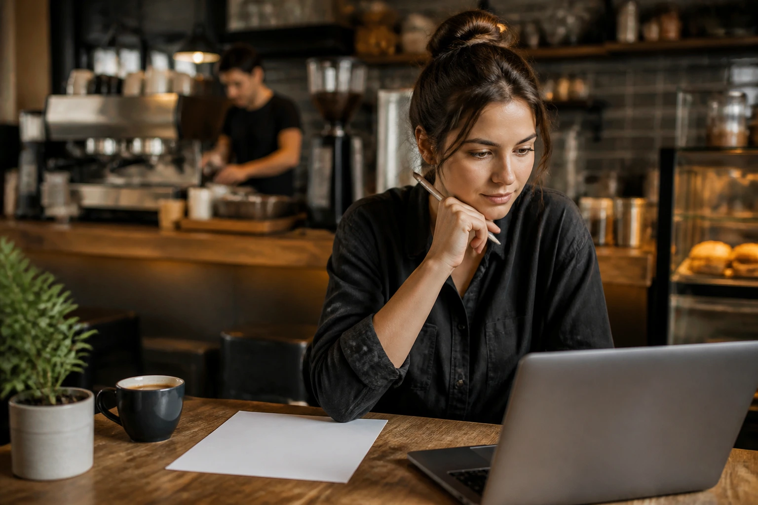 Person at a cafe with a blank sheet and laptop, no text visible
