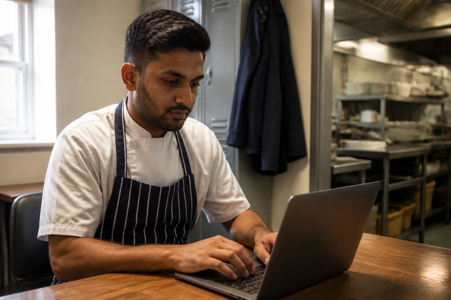 Close-up of a real person typing on a laptop in a kitchen staff room, ready for service