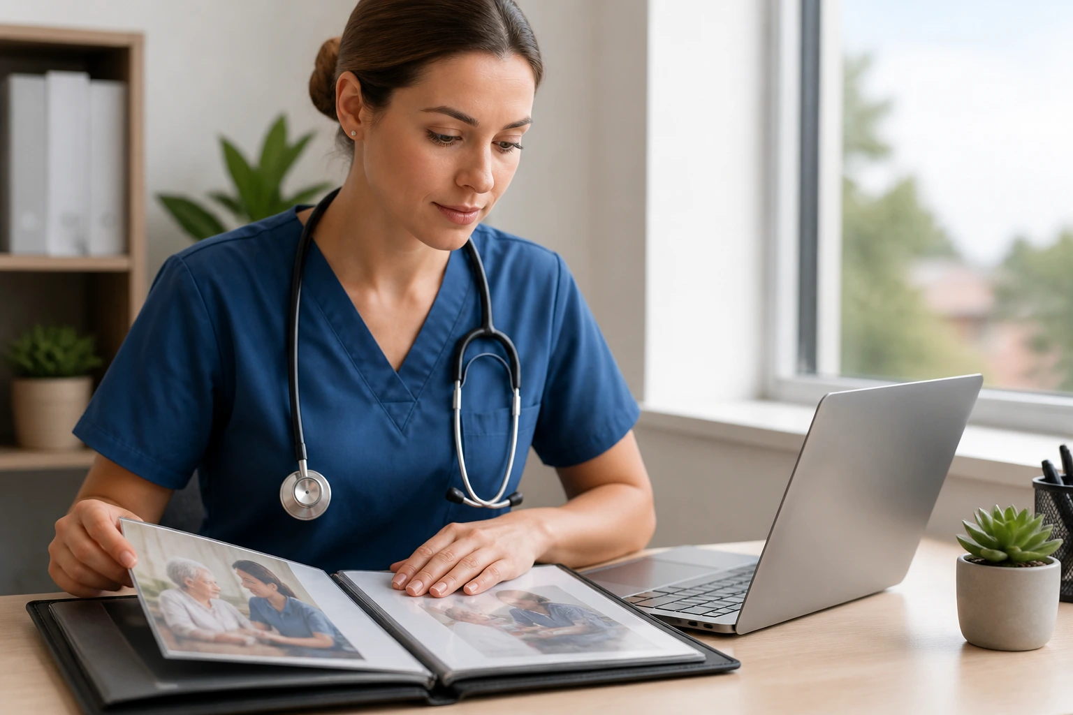 Close-up of a nurse with a portfolio and laptop for cover letter prep