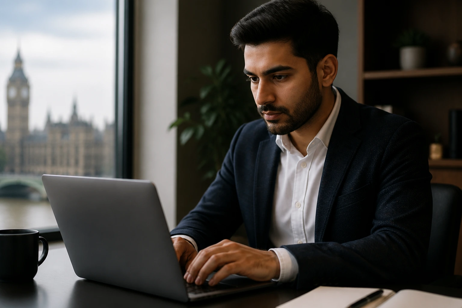 Professional typing on a laptop at a quiet workspace