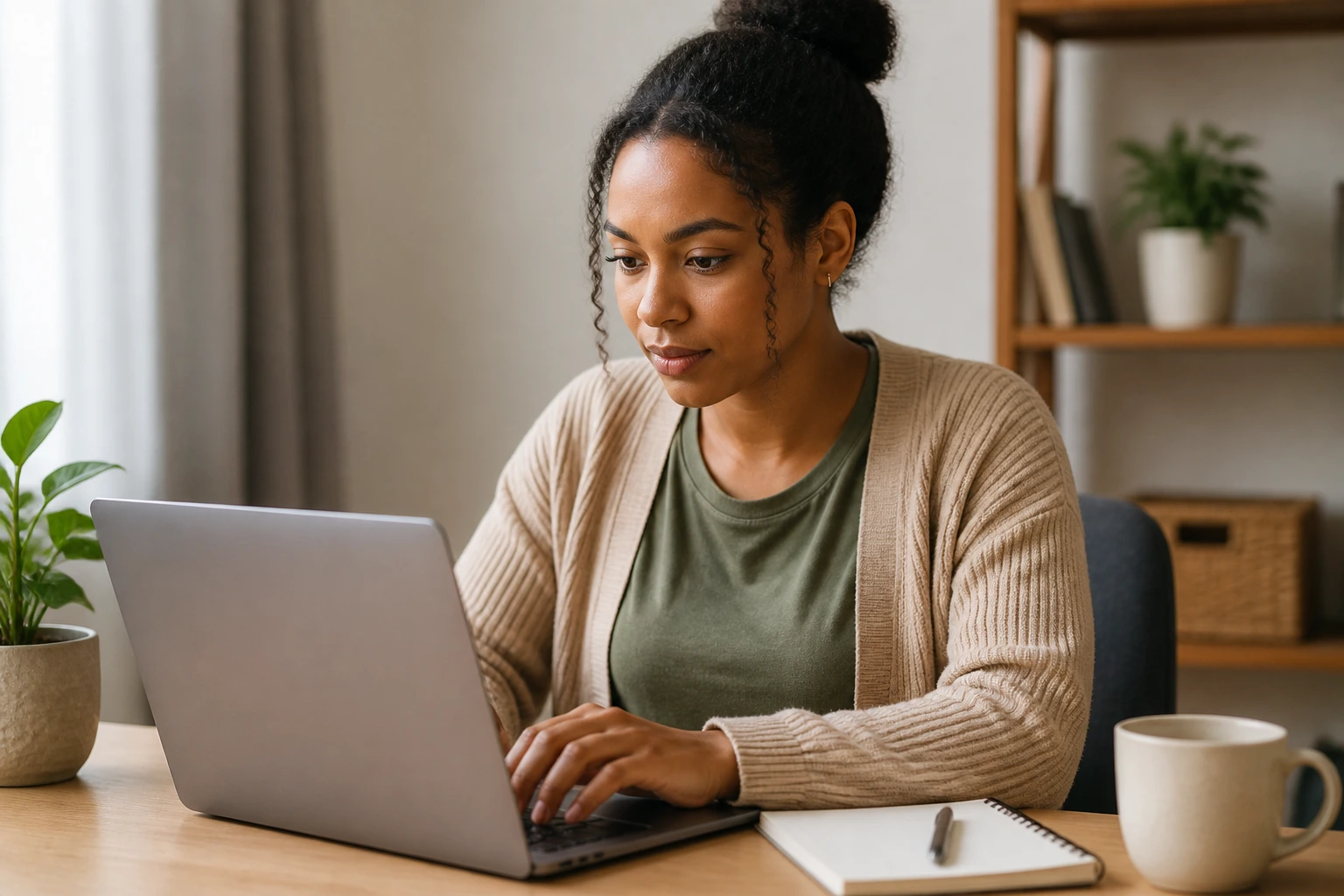 Portrait of a candidate typing a cover letter on a laptop in a cozy office.