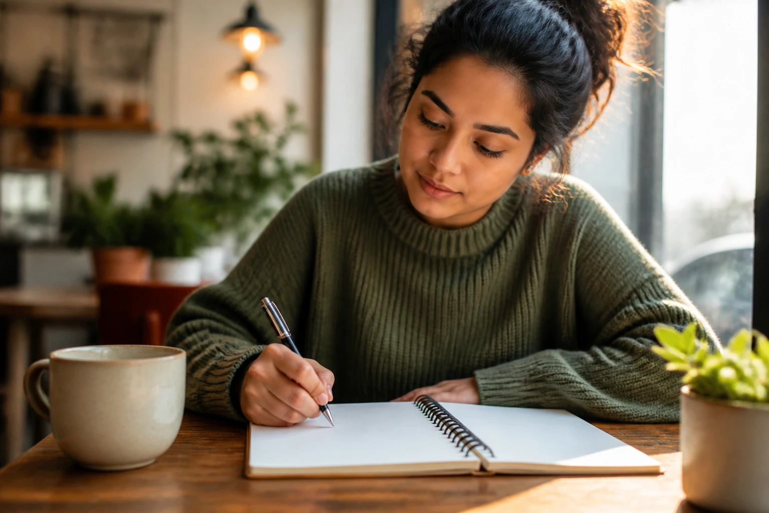Portrait of a person drafting a cover letter at a desk in a warm setting