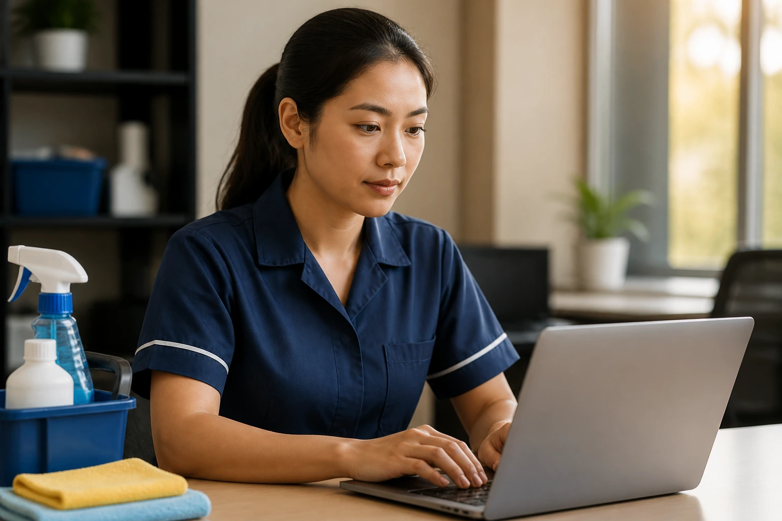 Close-up of a cleaner candidate typing on a laptop in an office, hands on keyboard, warm light.