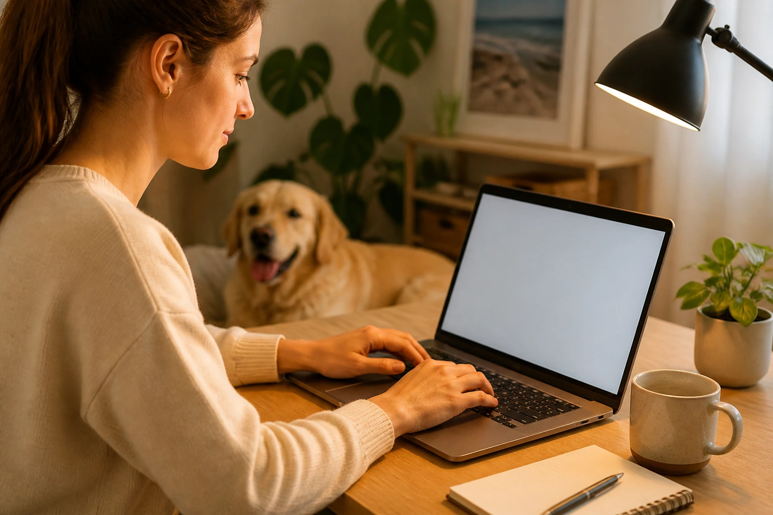 Person typing on laptop, calm cover-letter writing scene