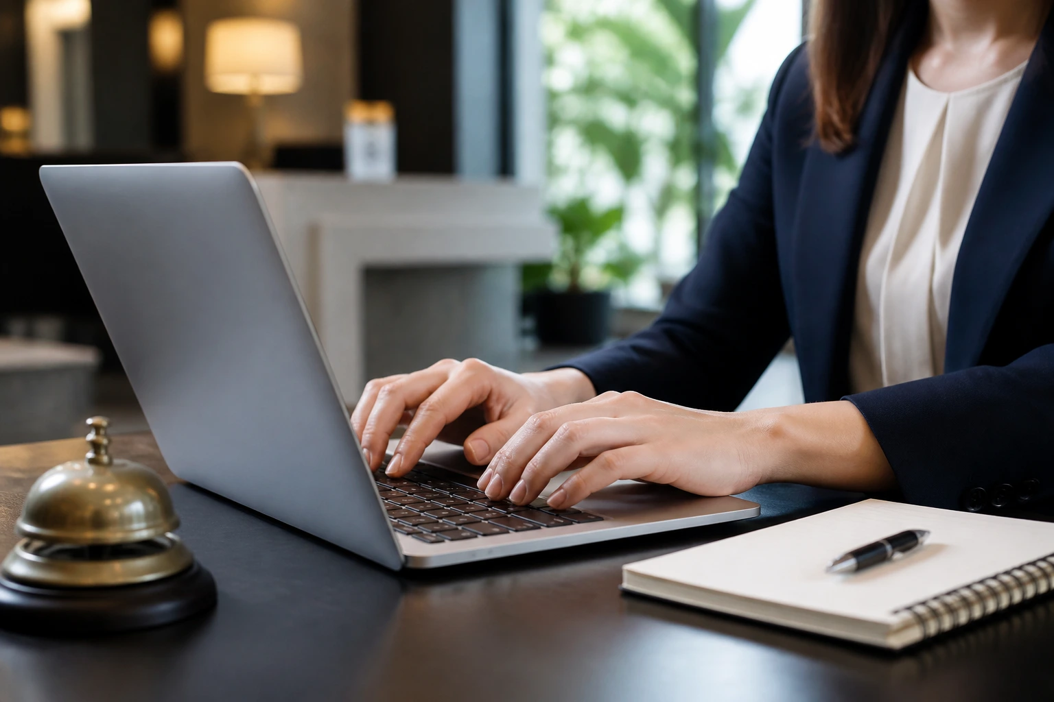 Person writing on laptop with blank notebook in a quiet office