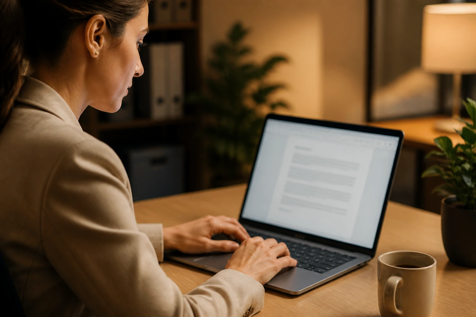 Close-up of a real person typing on a laptop in a calm office.