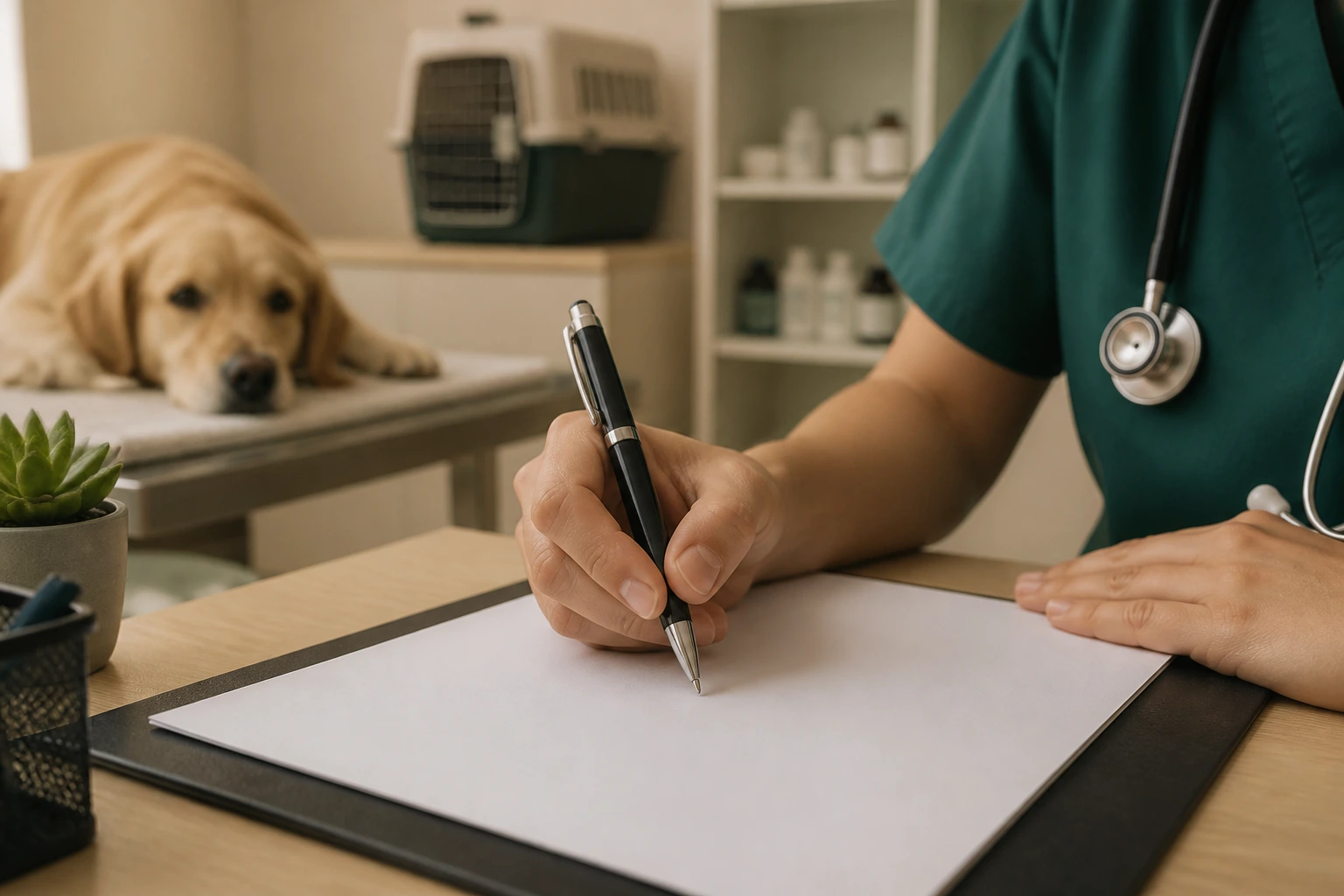 Hand writing on a blank page in a clinic office with warm light.