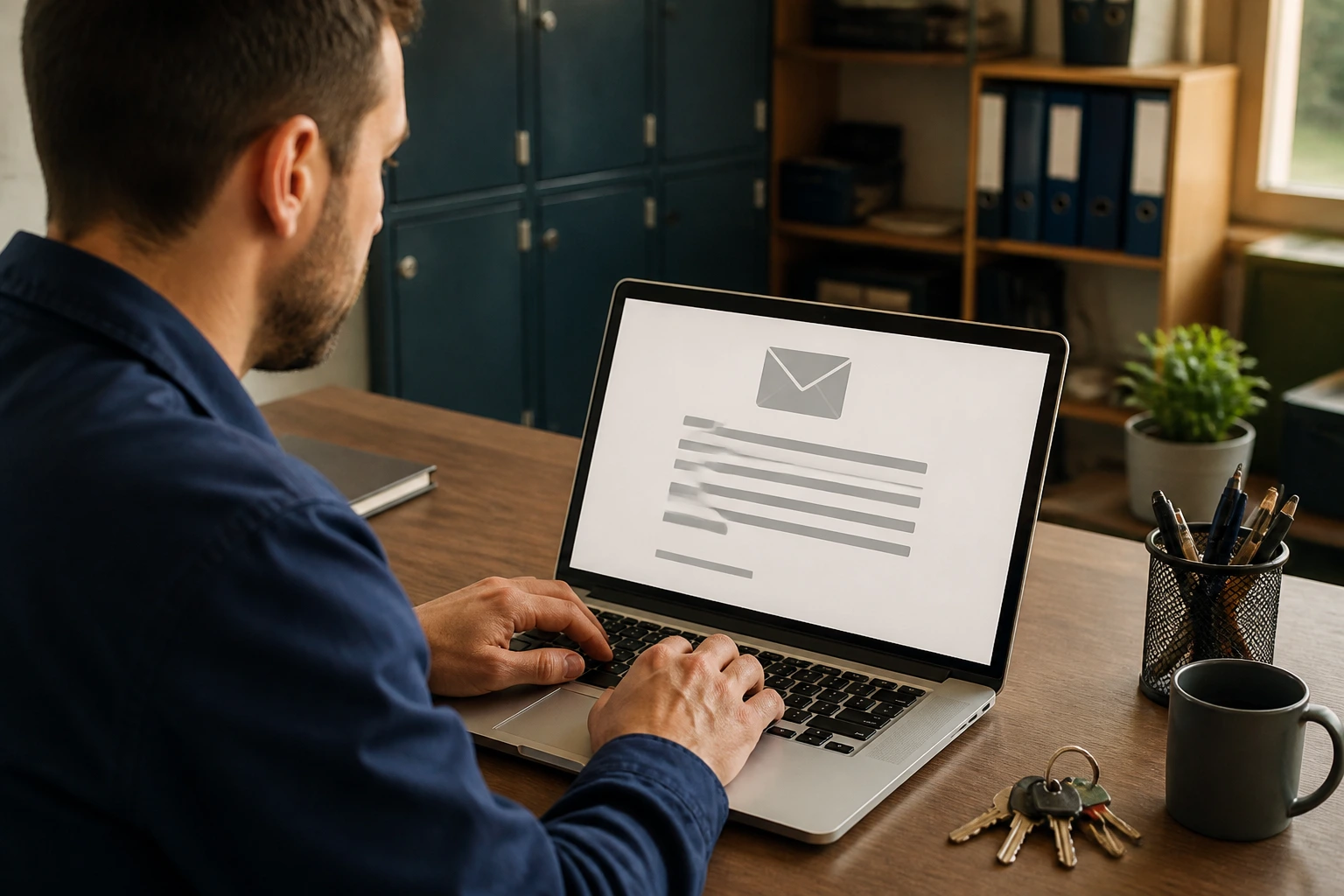 Person typing on laptop with abstract cover letter on screen, no text