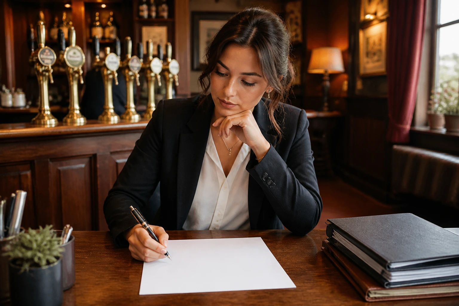 Portrait of a person at a desk with a blank sheet in a pub-office setting