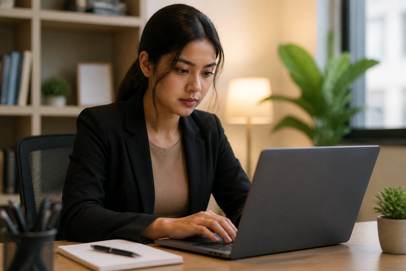 Person writing a cover letter on a laptop in a quiet office