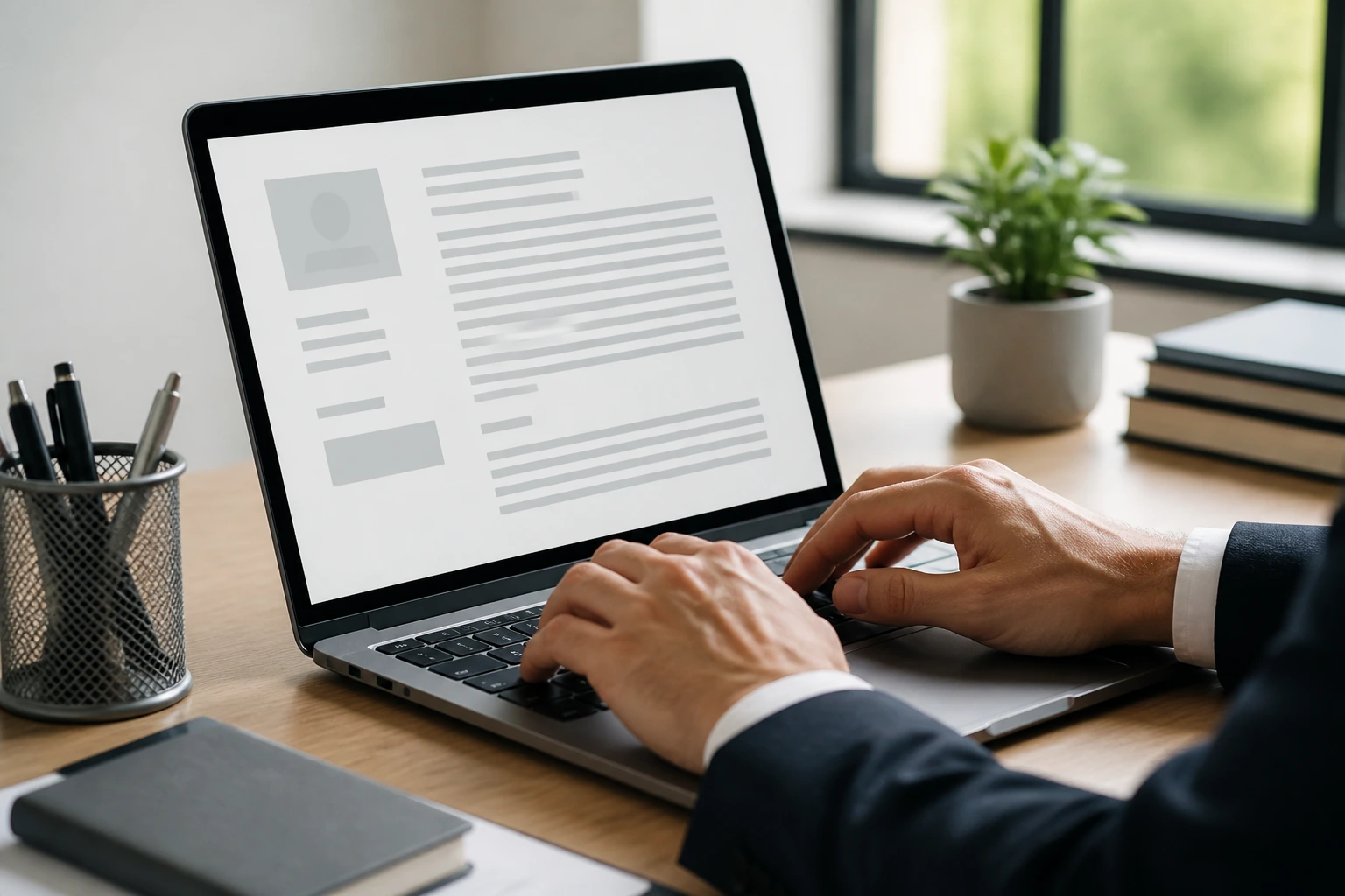Hands typing on laptop with blank cover-letter outline on screen