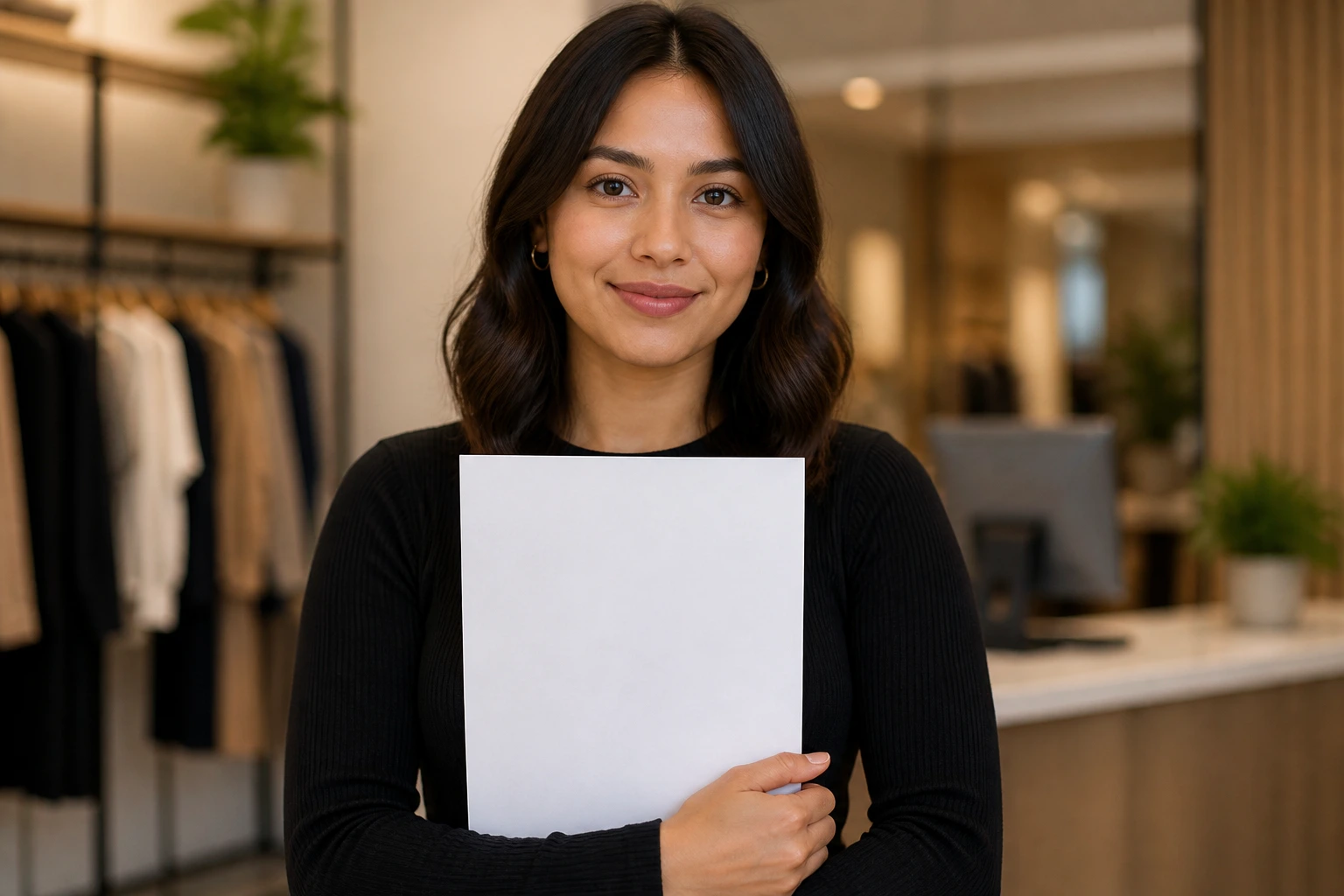 Portrait of a person holding a blank cover letter in a tidy office