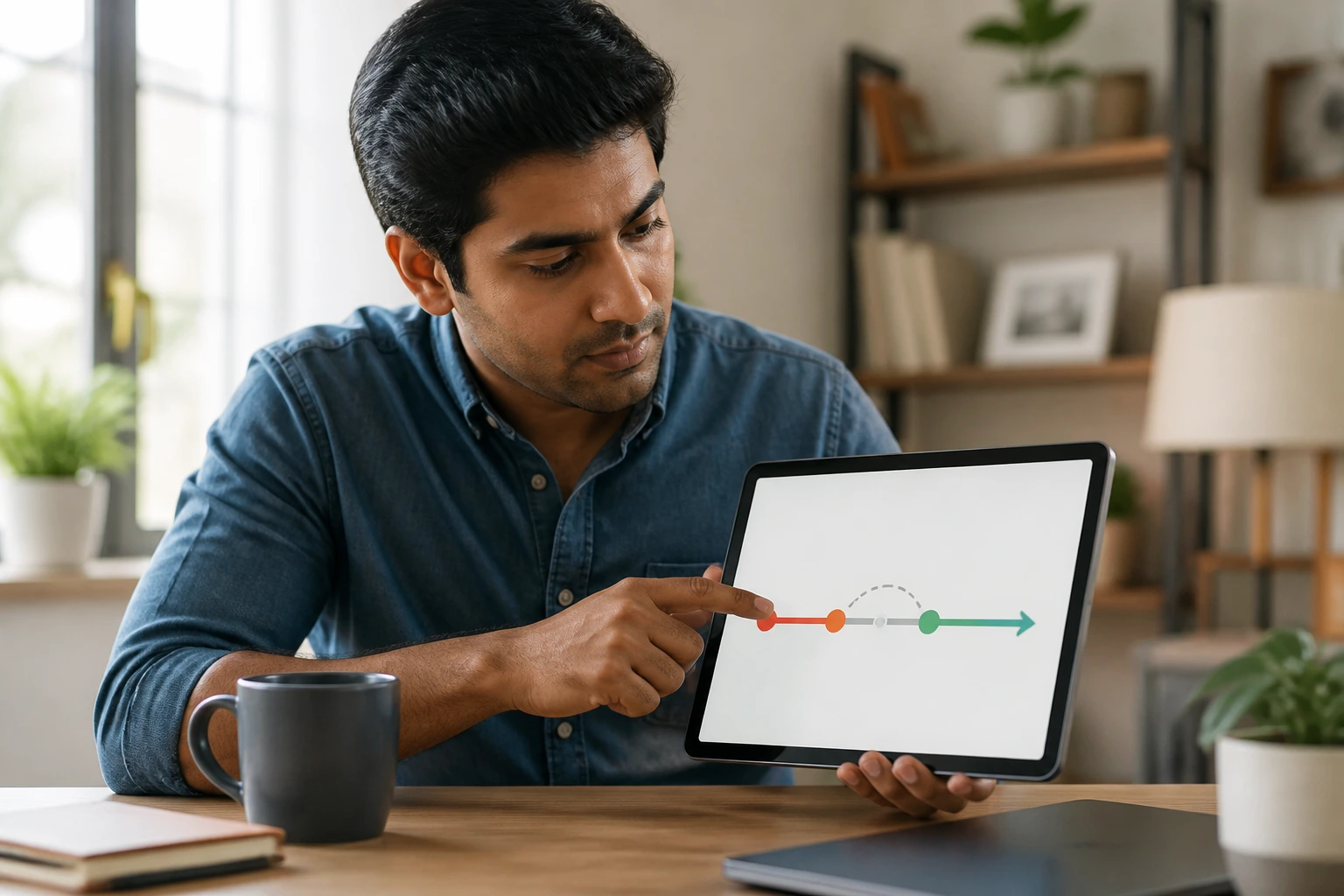 Person studying a tablet with a timeline graphic in a cozy home office