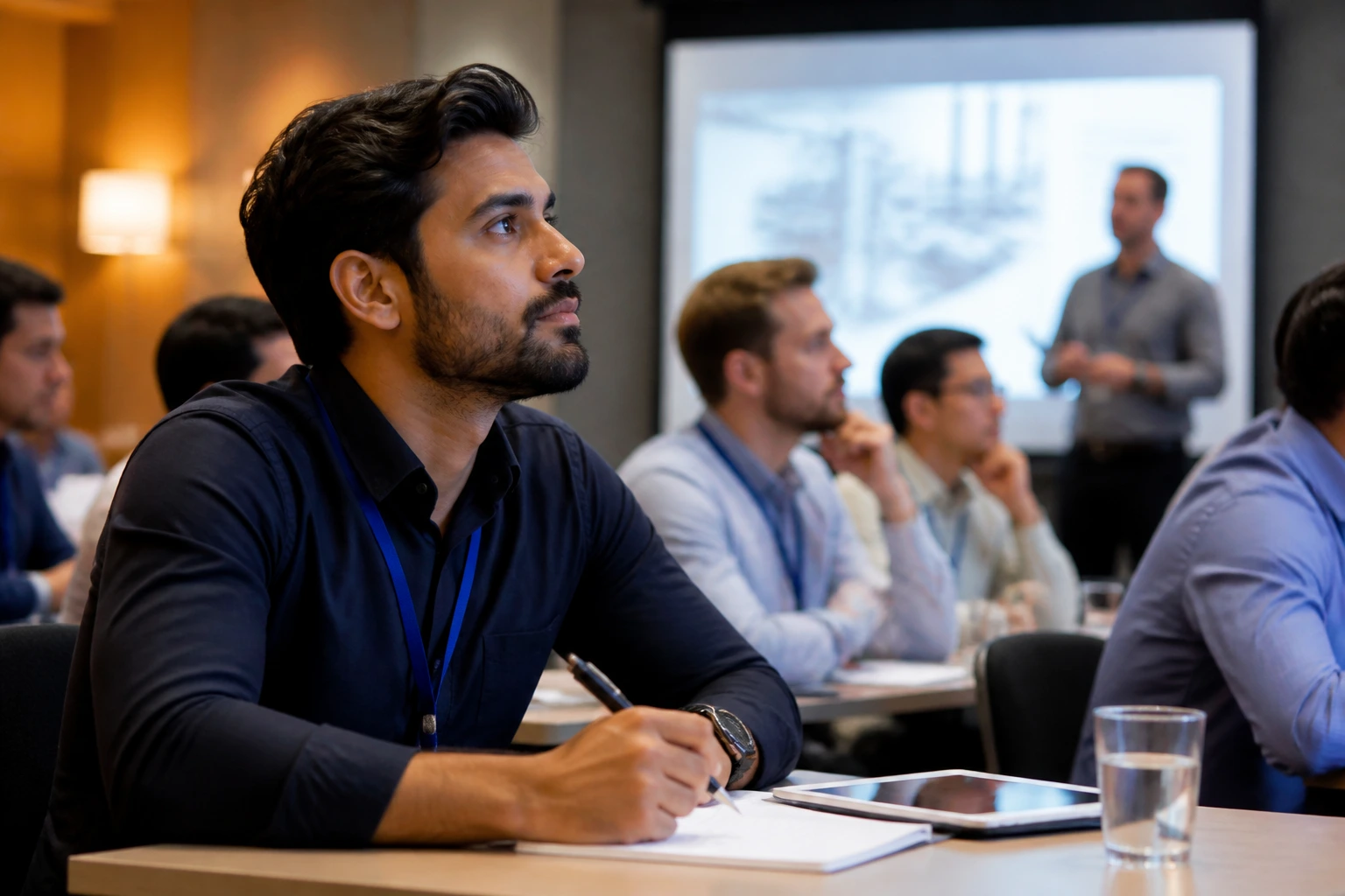 Engineer at a CPD workshop with conference room background