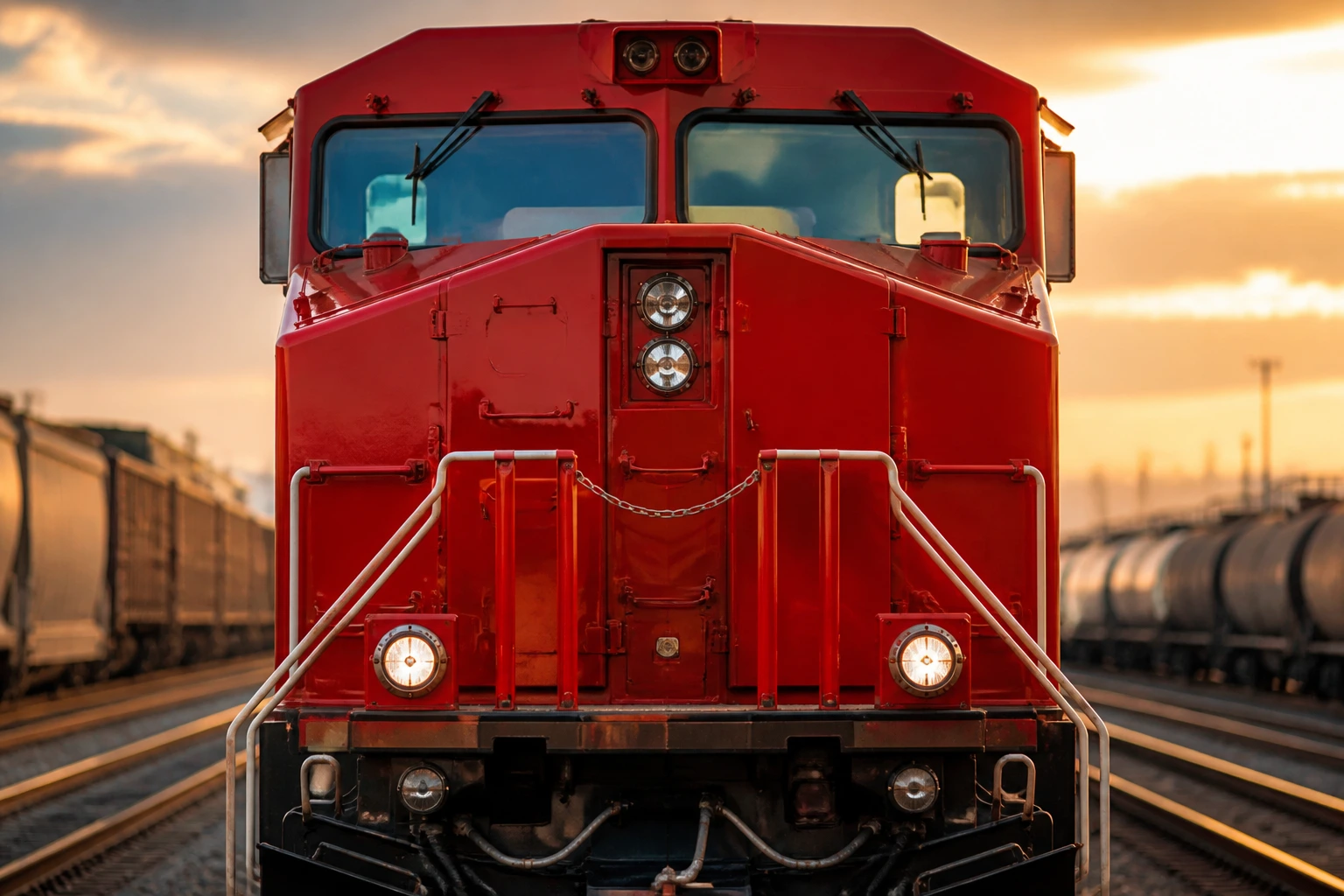 Frontal view of a freight locomotive with red livery in a yard.