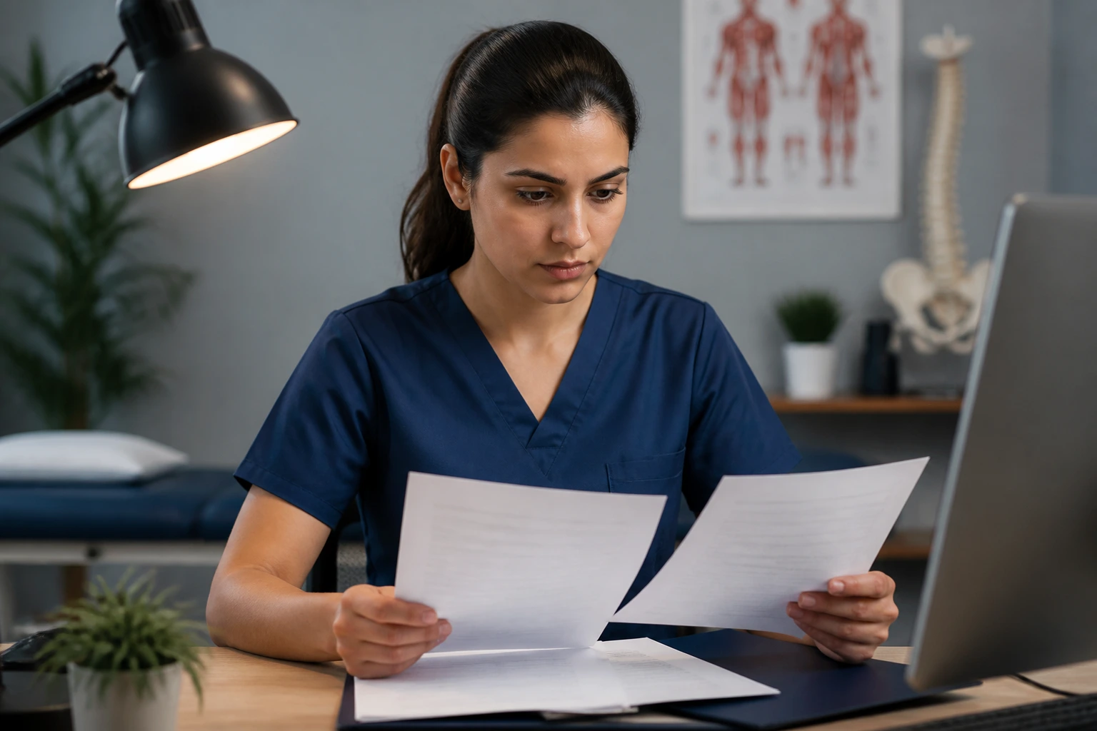 Physiotherapist reviewing credential assessment process in an office