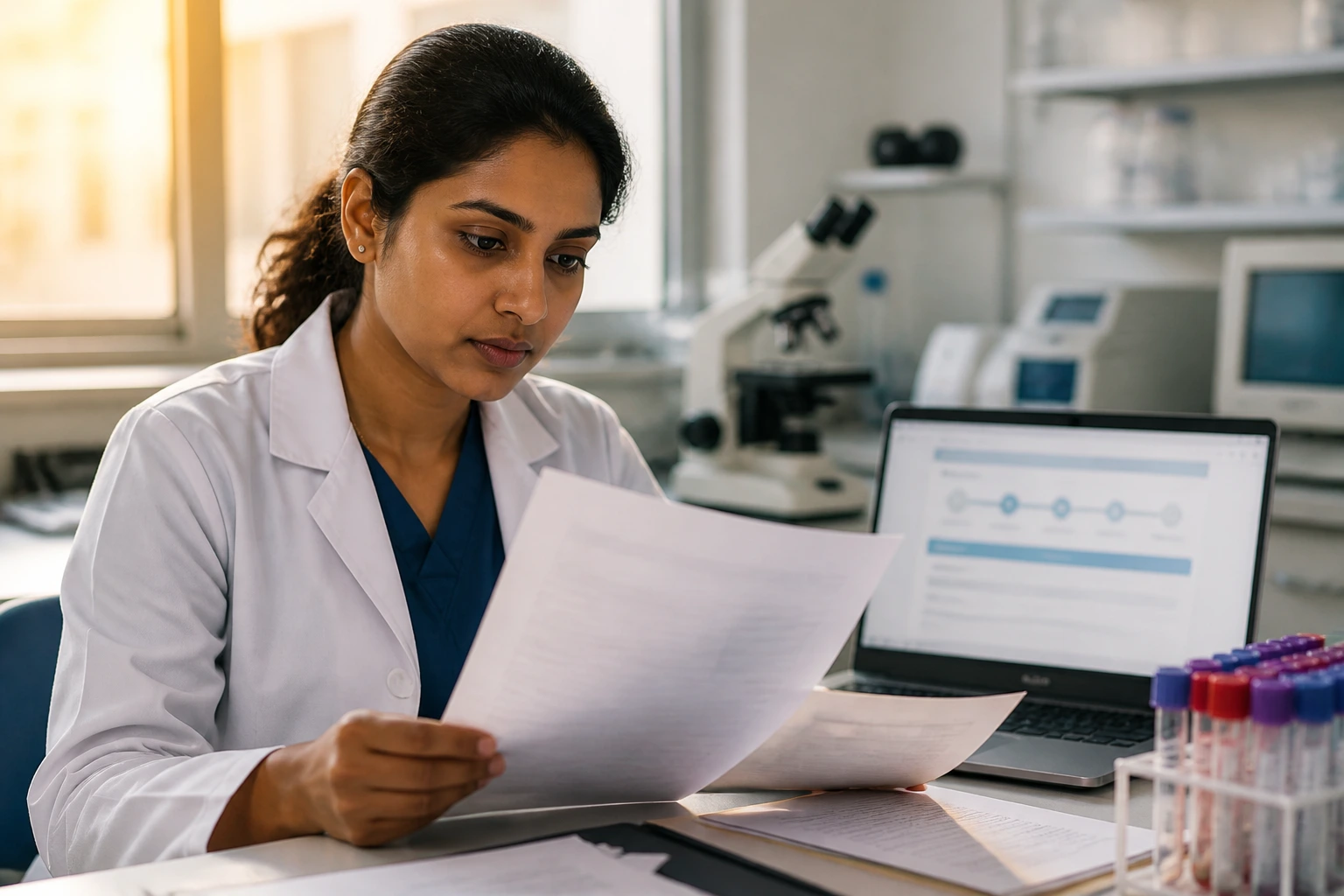 Lab professional reviewing international credentials at a desk in a modern lab