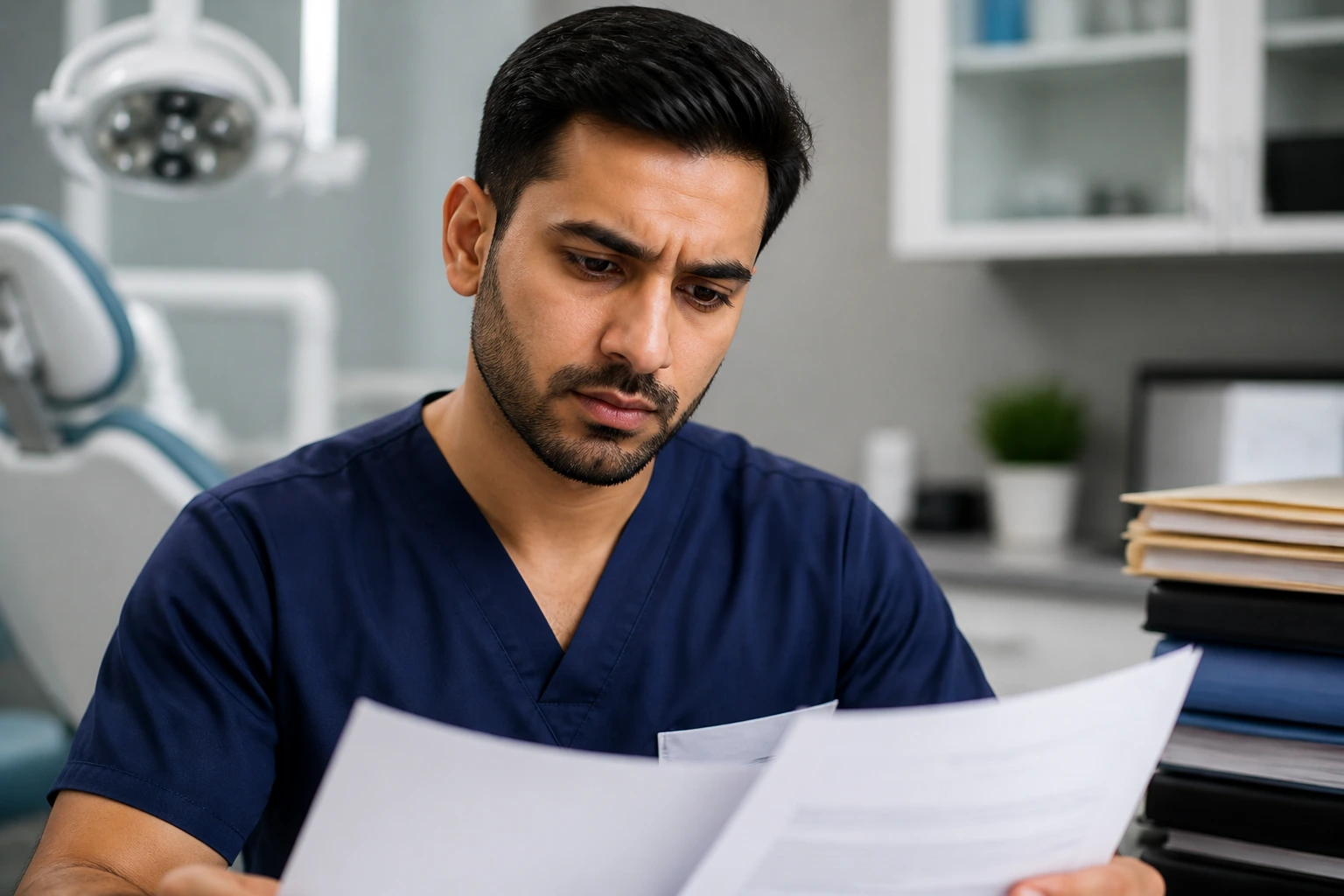 Portrait of foreign-trained dentist reviewing credentials