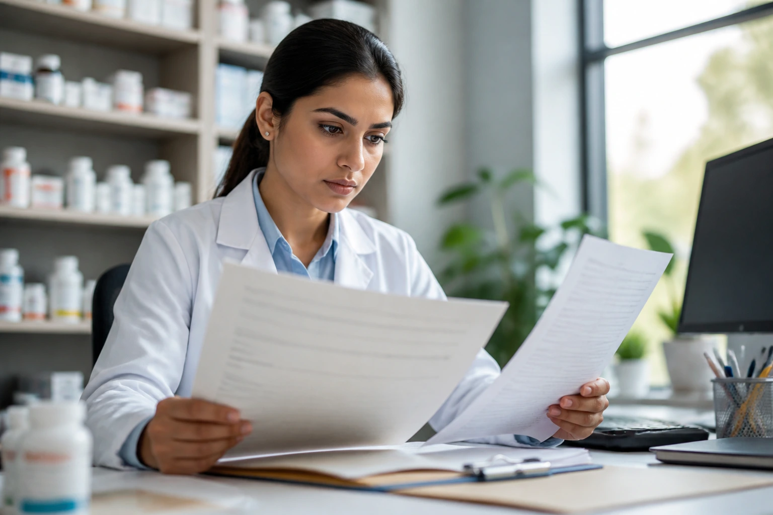 Pharmacist reviewing credentials documentation in a workspace
