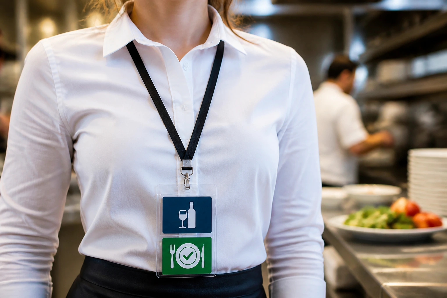 Server wearing credential lanyard with abstract icons in kitchen area
