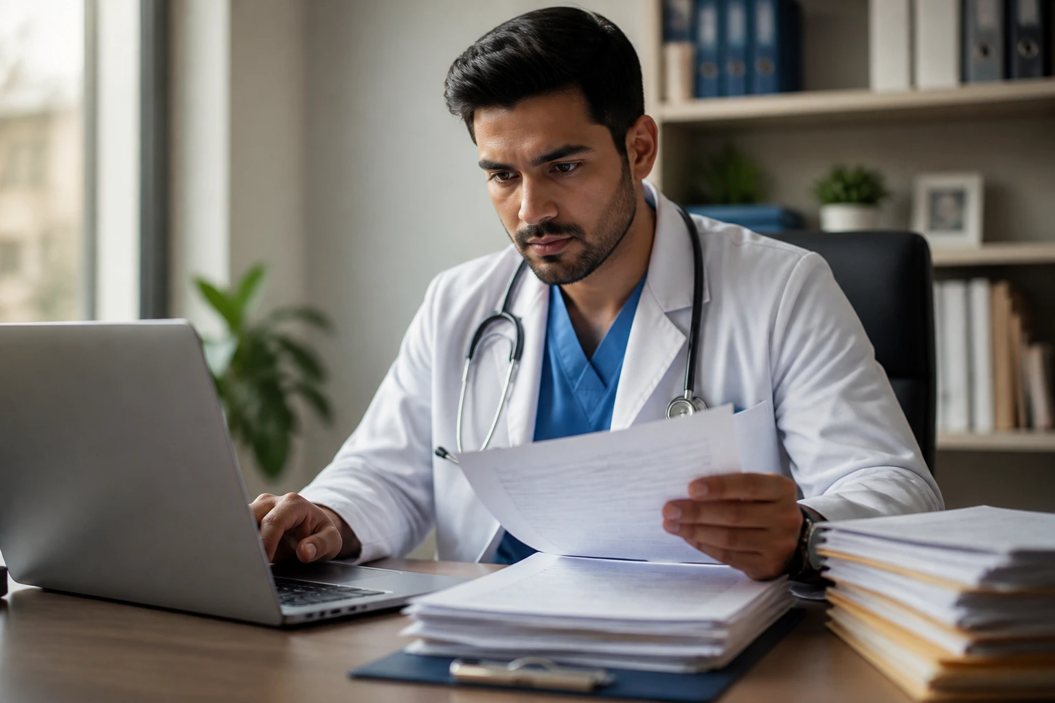 Physician reviewing credentials in an office setting