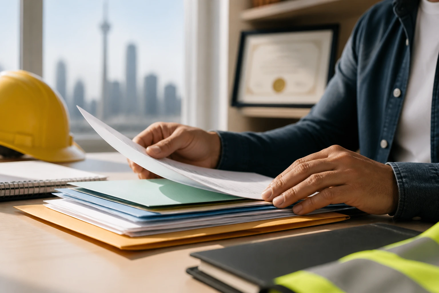 Hands organizing documents for Canadian credential prep