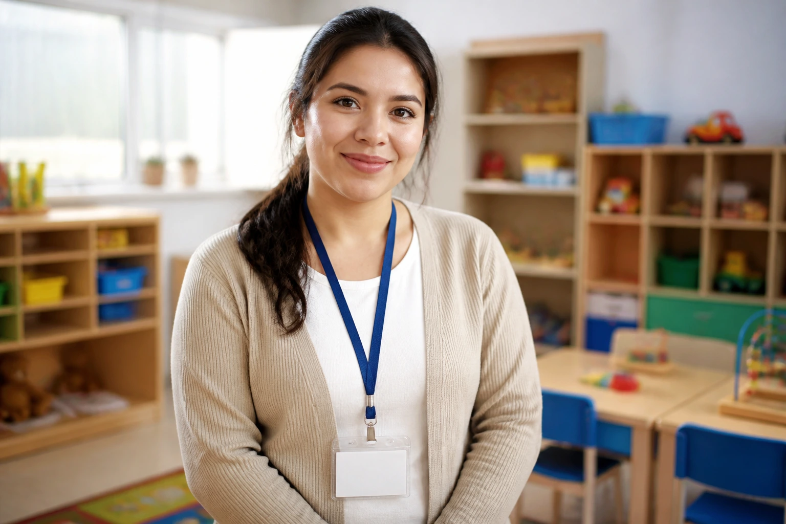 Person in a classroom wearing a blank badge signaling credentials
