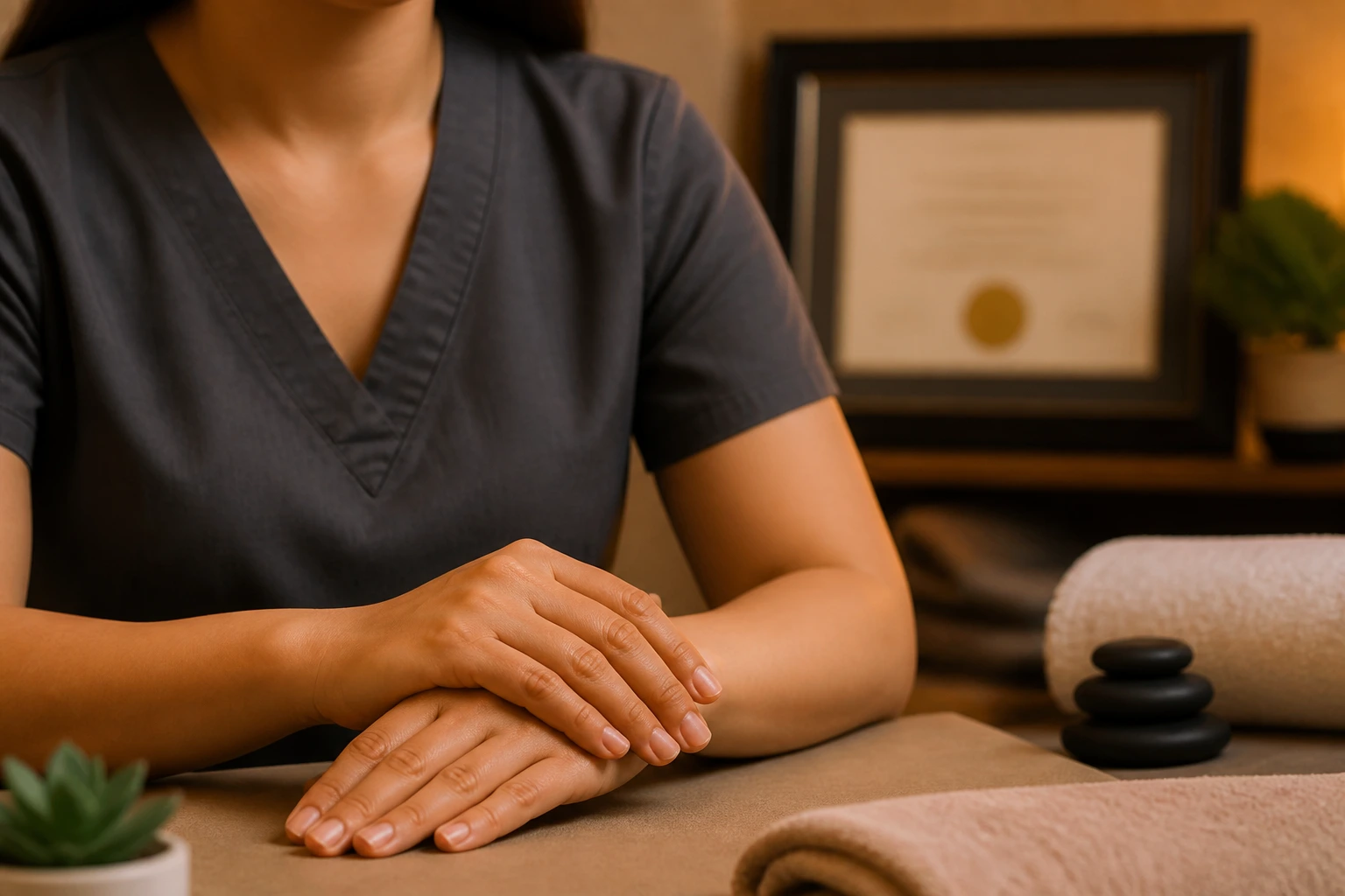 Close-up of massage therapist's hands with a blurred credential document in background