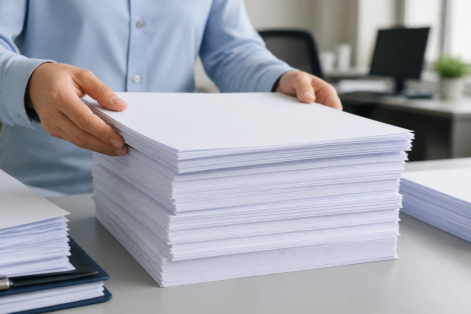 Stack of blank papers neatly arranged on a desk