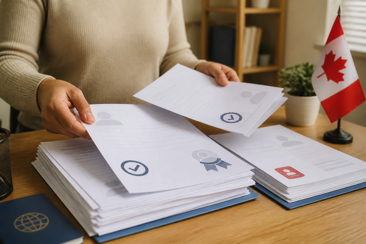 Close-up of hands arranging blank forms with icons on a desk, no text visible