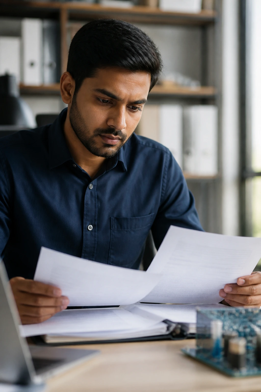 Close-up portrait of an electrical engineer reviewing credentials