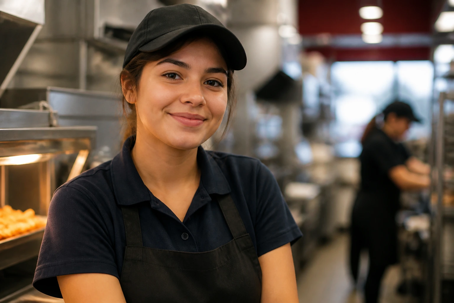 Crew member in uniform looks confident in a kitchen