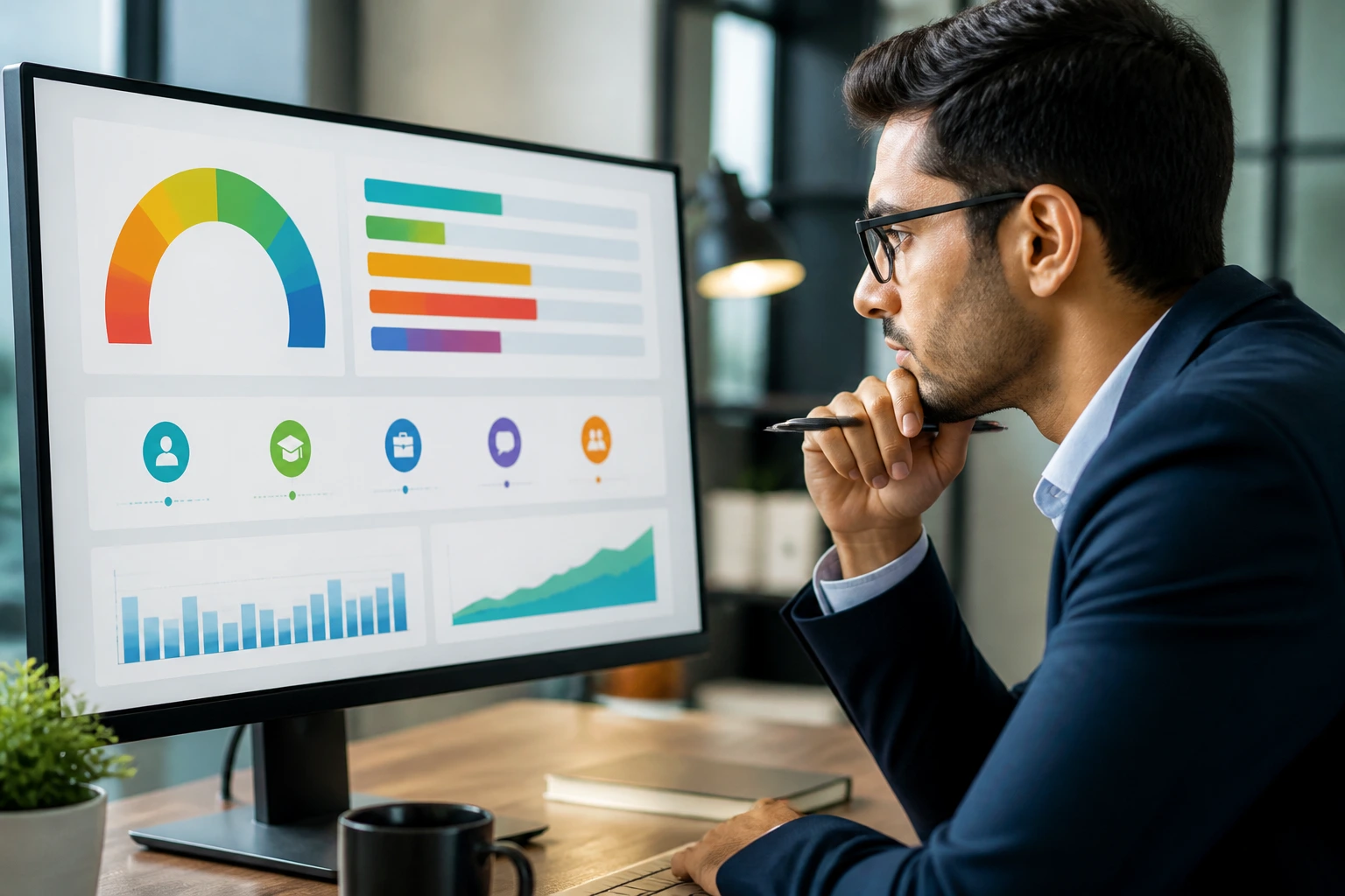 Person analyzing a digital dashboard with abstract CRS graphs in an office