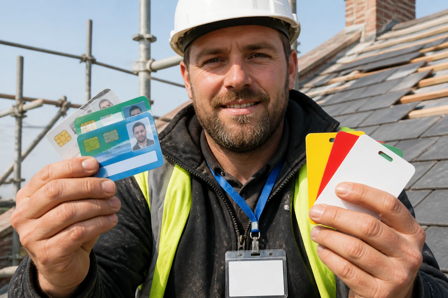 Roofer on a roof with a blank safety badge on the lanyard