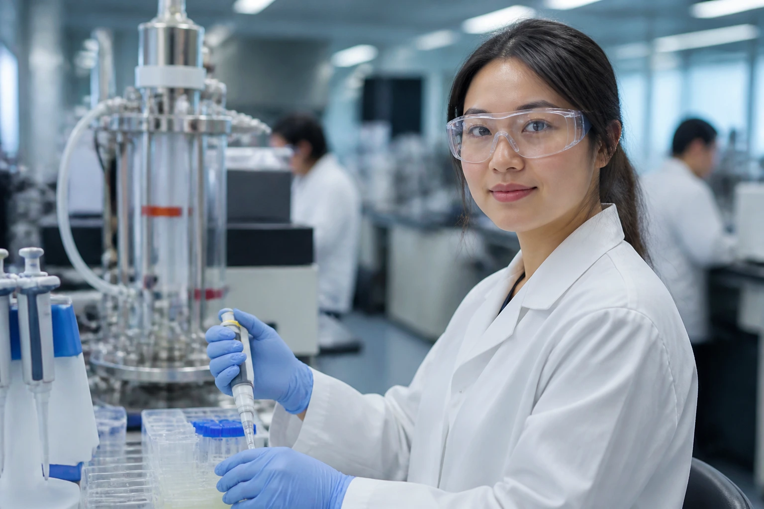 Close-up portrait of a scientist in a biotech lab
