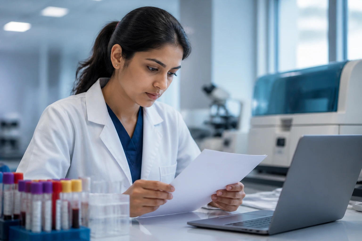 Lab professional reviewing documents in a CSMLS certification setting in a clinical lab