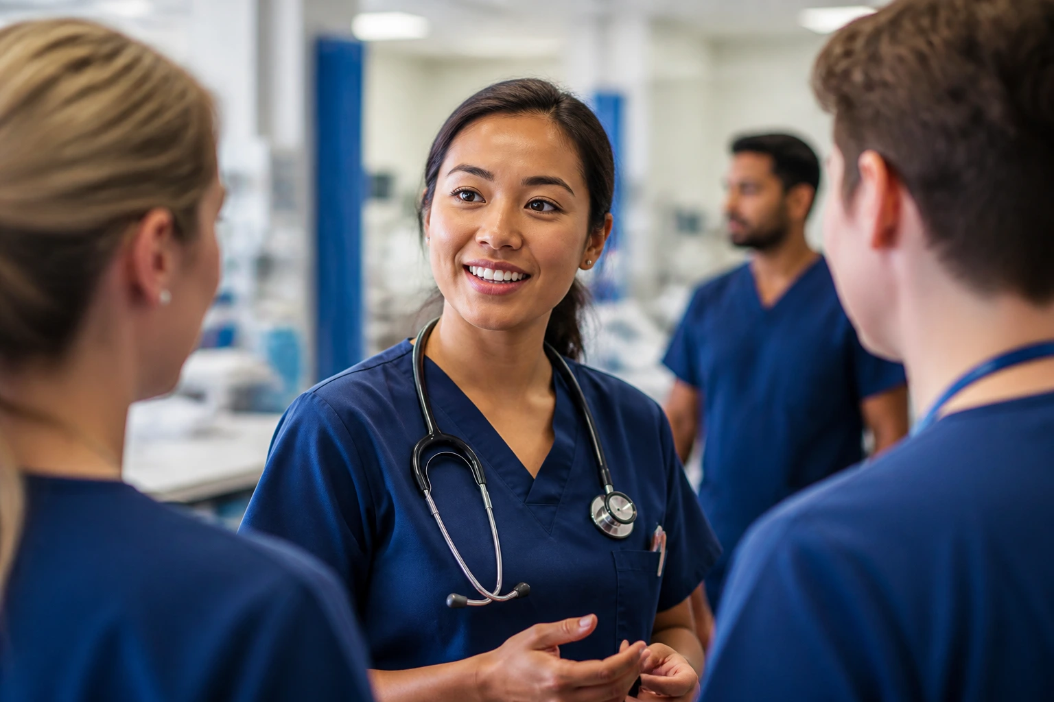 Nurse on a hospital ward engaging with colleagues