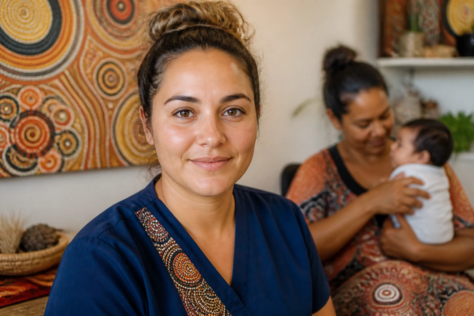 Close-up portrait of a midwife in a clinic with Indigenous artwork in background