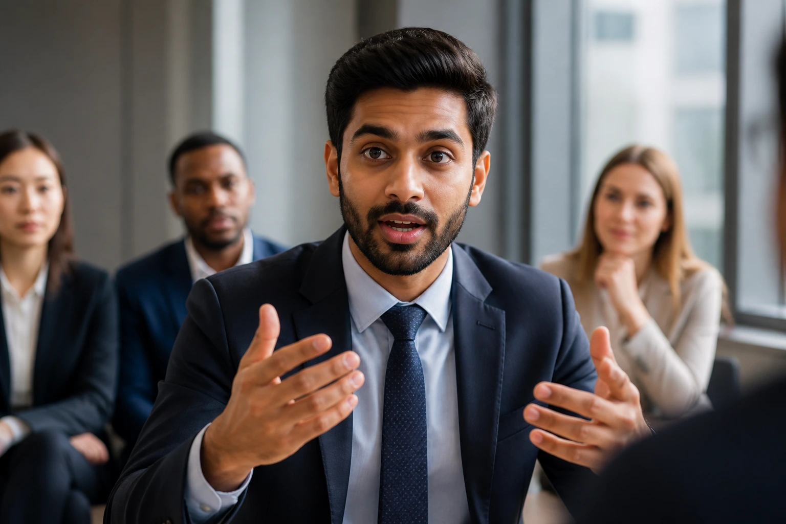 Close-up portrait of a professional in a US interview setting showing clear communication and cultural fit
