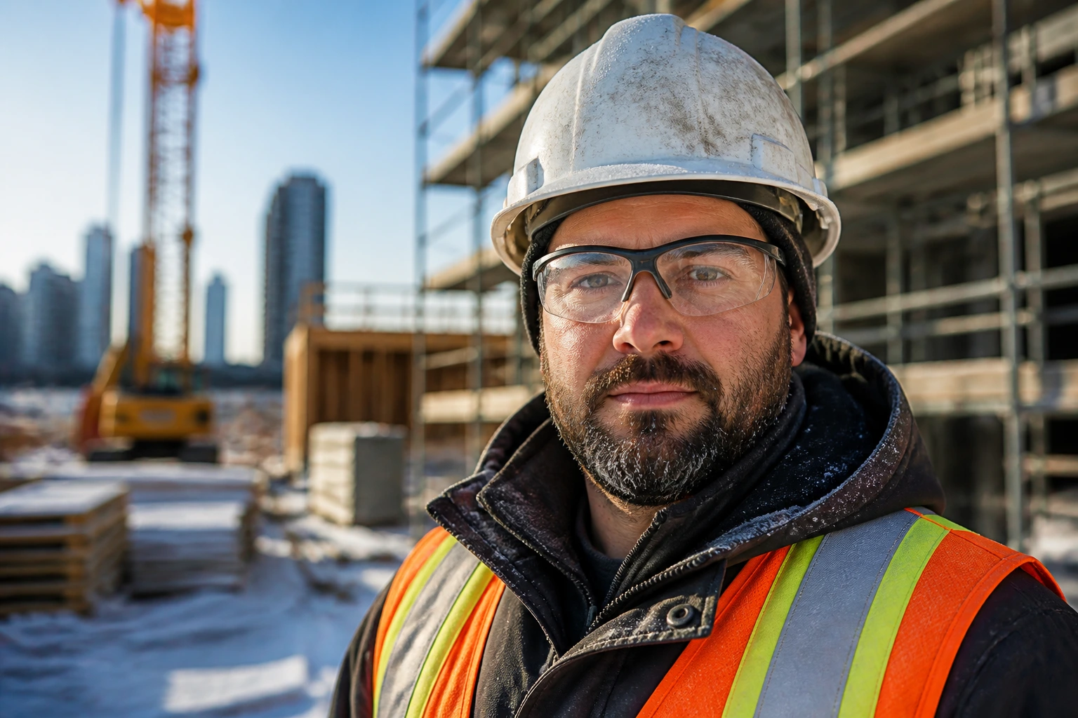 Close-up portrait of a construction worker in PPE on a Canadian job site emphasizing safety culture
