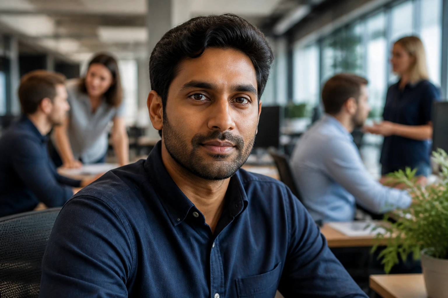 Engineer adapting to Australian work culture in open-plan office