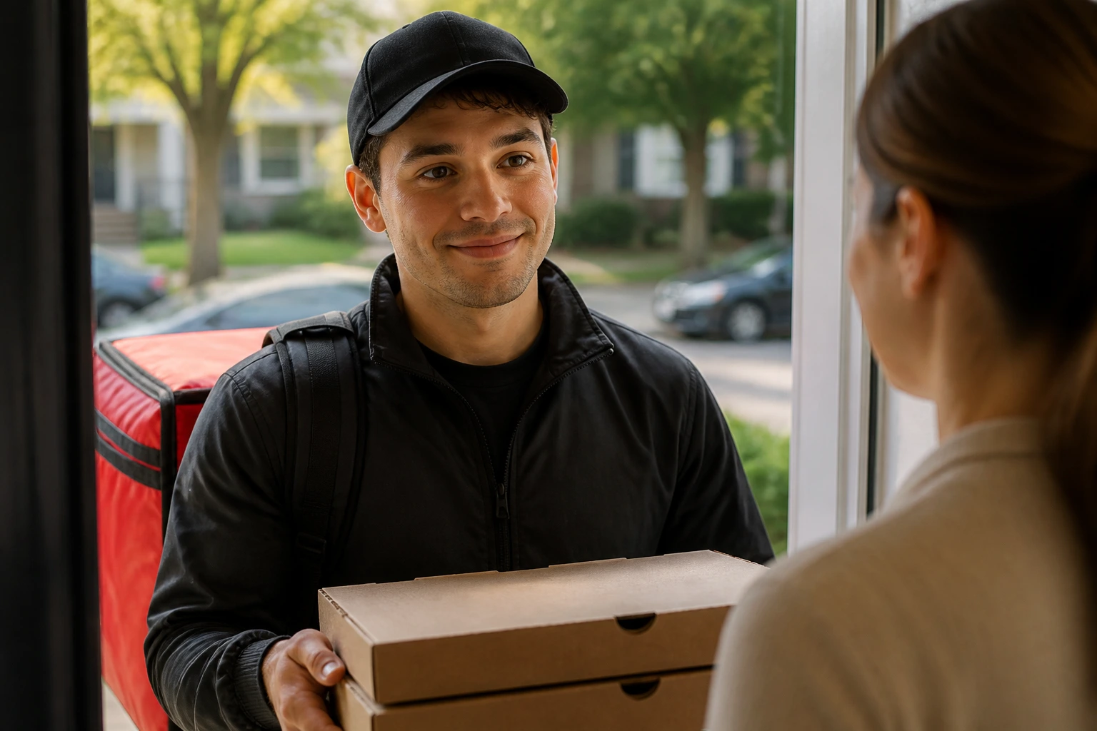 Delivery driver at door delivering service with friendly expression
