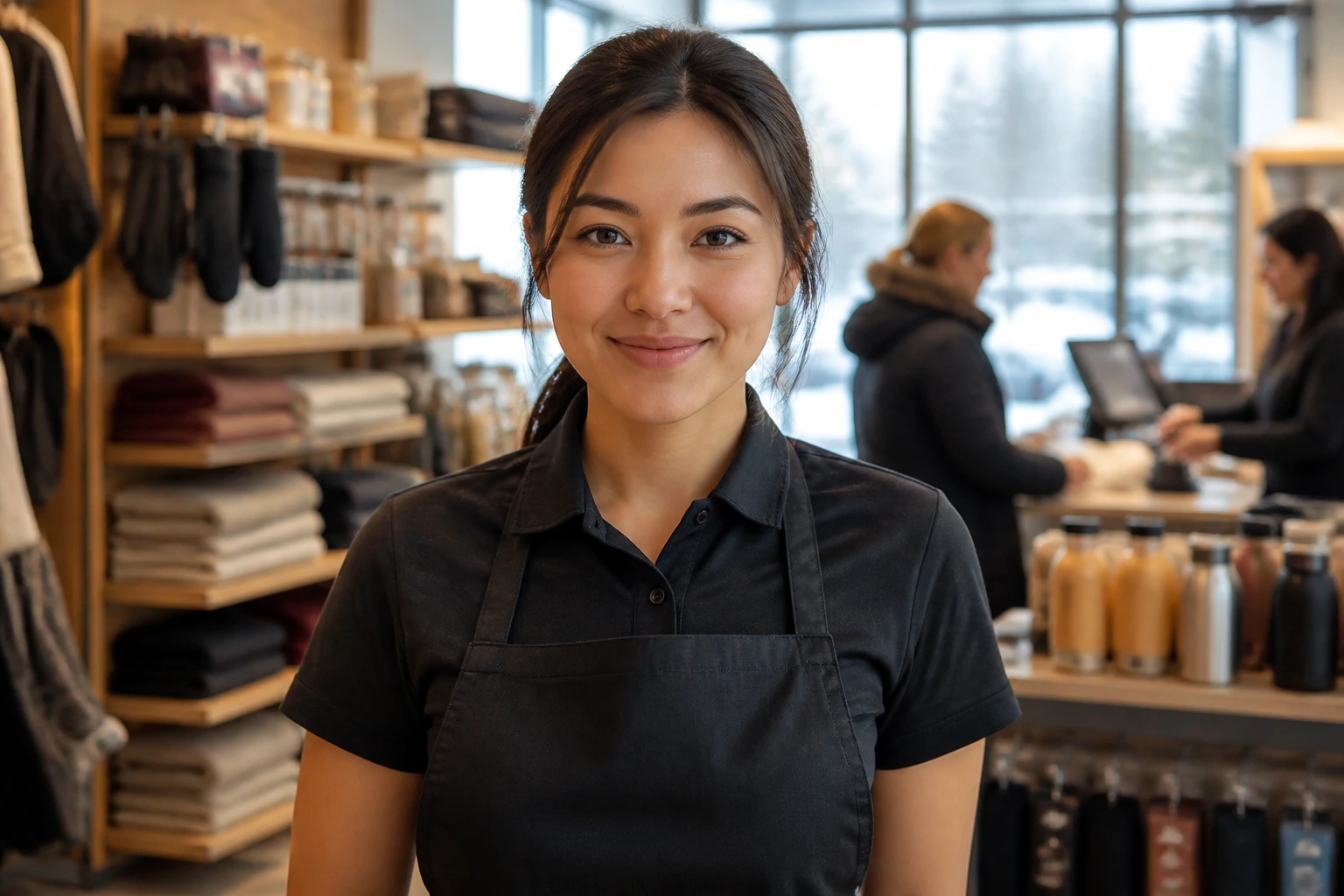 Portrait of a retail sales associate on a Canadian sales floor with store shelves behind