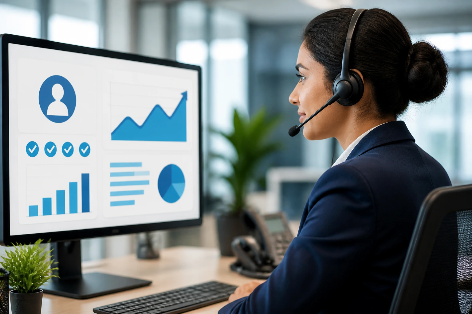 Professional at desk with monitor showing abstract performance graphs