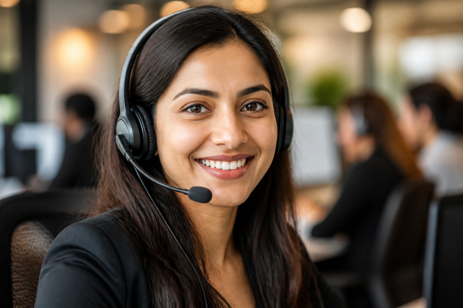 Close-up of a customer support agent with headset in a busy office