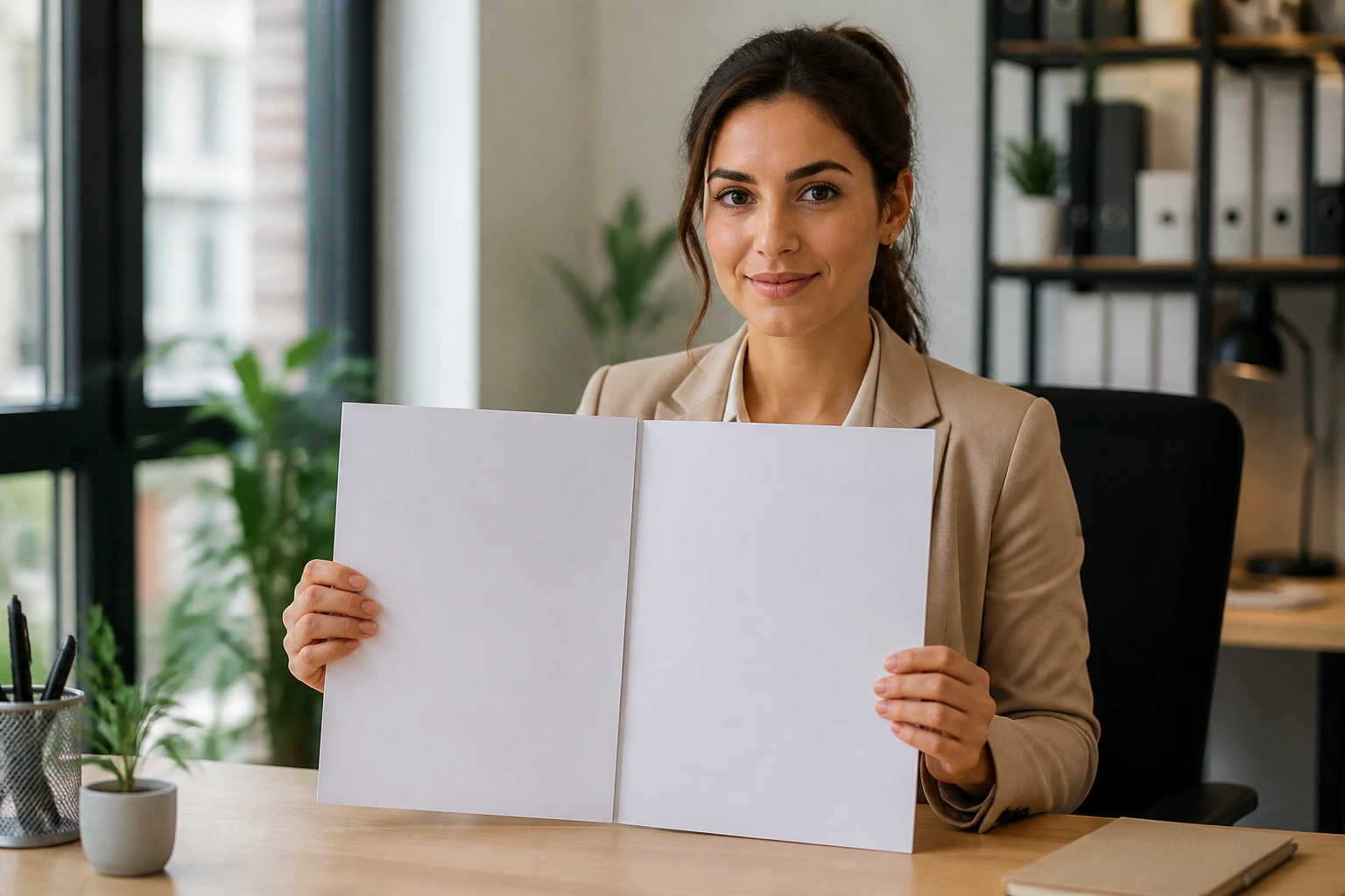 Portrait of a professional presenting a clean two-page CV mockup in an office.