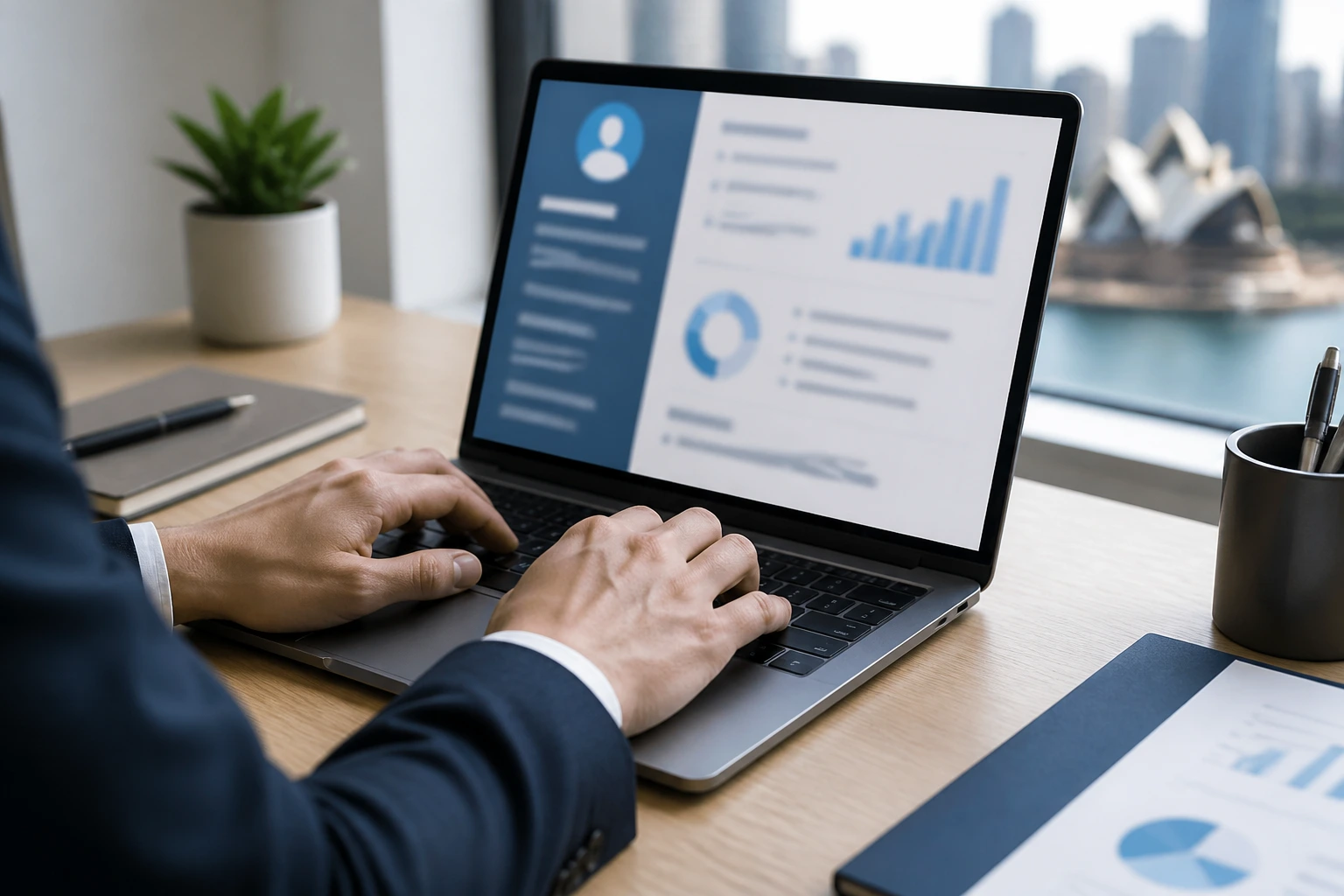 Professional preparing a CV on a laptop at a tidy desk in an Australian market context